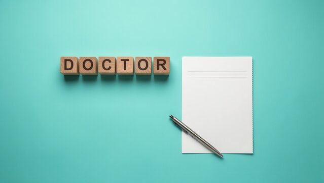 Wooden cubes spelling DOCTOR next to a blank notepad and pen on a teal background, symbolizing healthcare and medical consultation