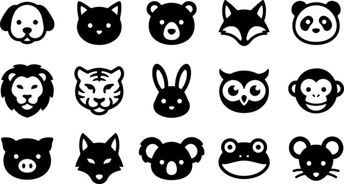 Set of cute animal face icons featuring various wild and domestic creatures in a simple black silhouette style