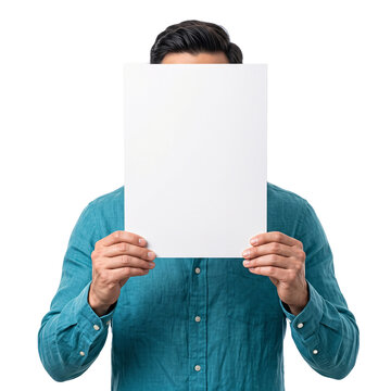 Businessman Holding Blank White Paper Card in Front of Face for Copy Space