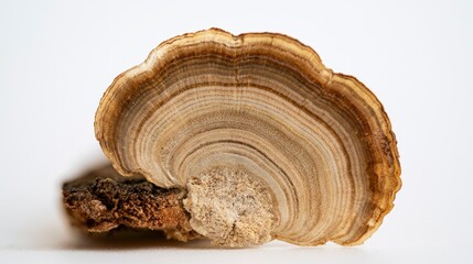 Obraz premium Macro shot of a turkey tail mushroom (Trametes versicolor) isolated on a white background, showing detailed concentric rings and textures.