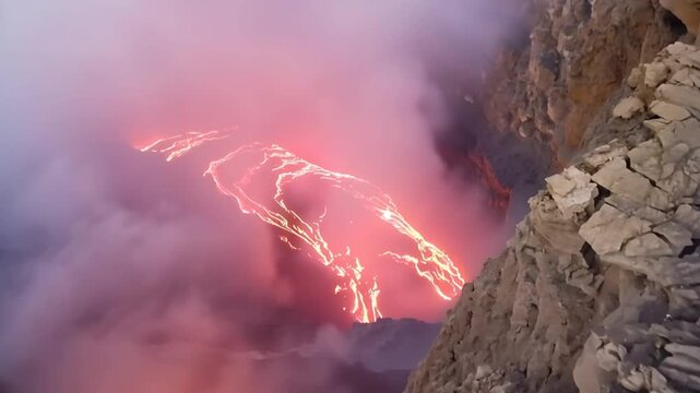 Erta Ale volcano, View of the glowing lava lake inside the crater, with molten rock patterns and dark volcanic rock walls in Zone 2, Afar, Ethiopia.