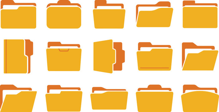 Yellow Folder Vector Icon Set: Flat File Management and Office Data Storage Symbols Collection