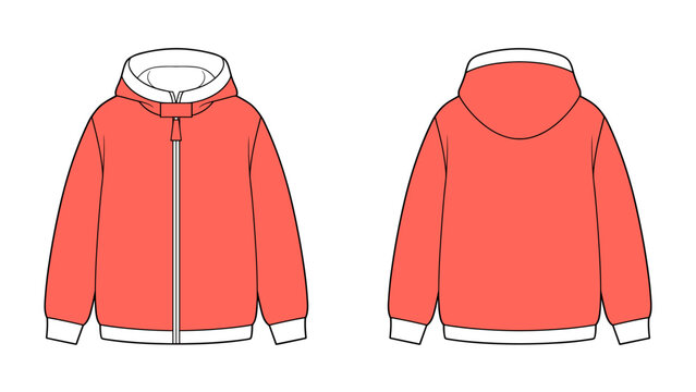 Peach and white hooded soft shell jacket design flat sketch illustration, technical drawing for winterwear outerwear front and back view, minimalist fashion garment