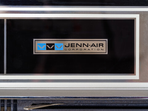 June 27, 2026 - Vernal, Utah, USA: The nameplate from a vintage Jenn-Air built-in oven