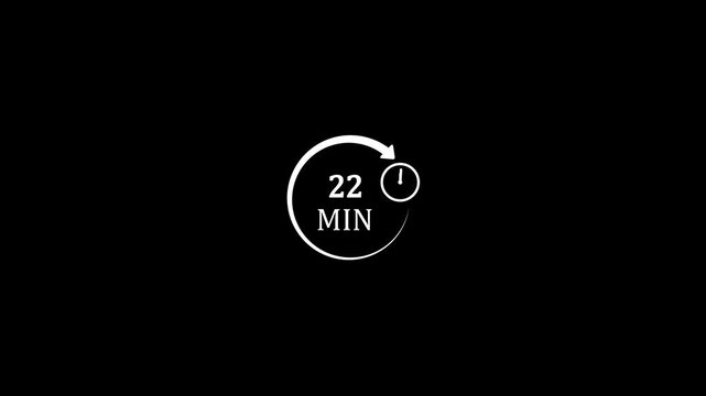 22 minute countdown timer circle animation, minimalist white loading on black background, 22 minutes clock