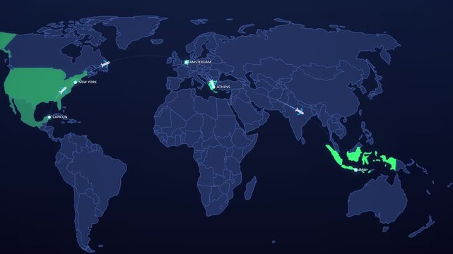 Airplane Travel Routes on Dark Blue World Map, New York Cancun Amsterdam Athens Bali Animated Motion Graphics Seamless Loop, 4K