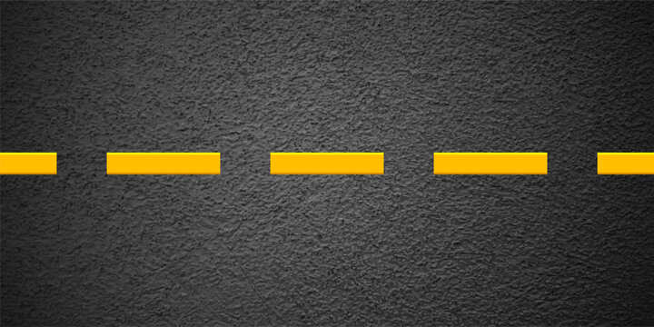 Asphalt road with yellow lane marking, concrete highway surface, texture. Street traffic line, road dividing strip. Pattern with grainy structure, grunge stone background. Vector illustration