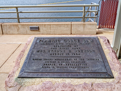 June 28, 2026 - Flaming Gorge Dam, Utah, USA - Historic plaque commemorating the dedication of the dam in 1964