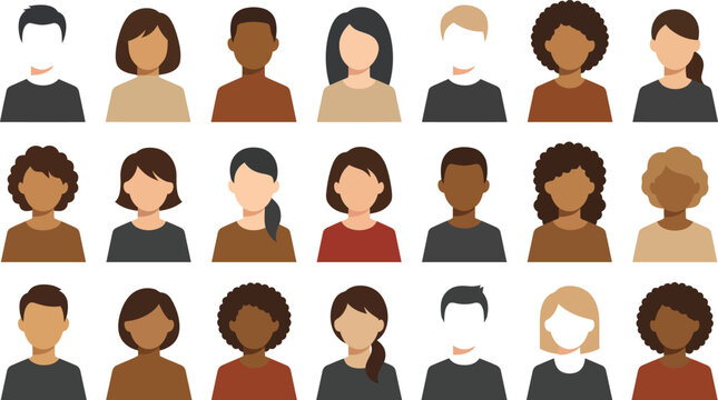 A diverse collection of illustrated avatar portraits featuring people of different ethnicities genders and hairstyles for digital projects