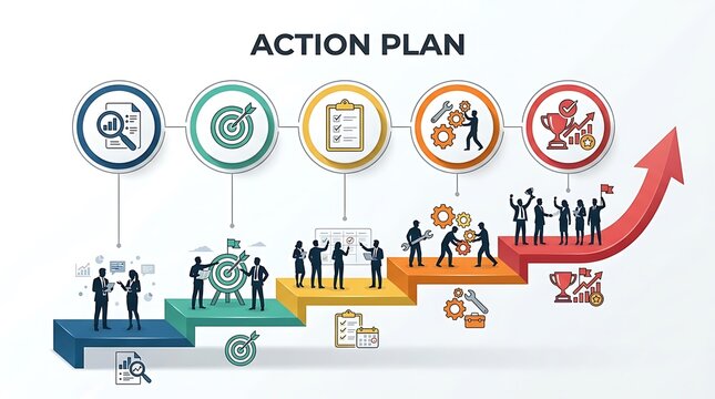 Action plan infographic with business team silhouettes and progress arrow