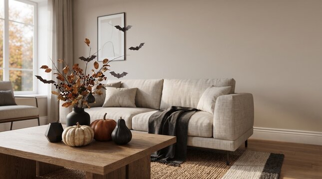 A cozy living room is decorated for autumn with pumpkins, dried leaves, and spooky bats, creating a warm and festive atmosphere.