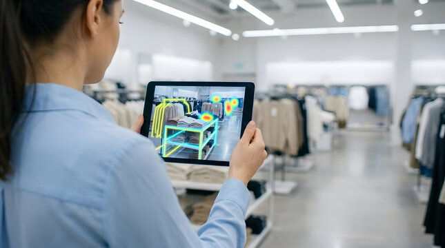 Retail manager uses an augmented reality tablet to track customer movement heat maps inside a modern brightly lit clothing store aisle with neutral gray floor textures.