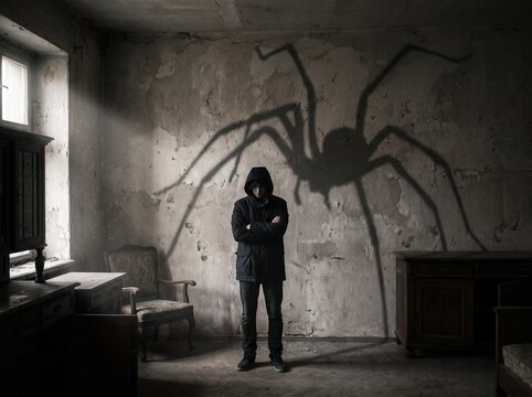 Mysterious hooded figure casting giant spider shadow on wall