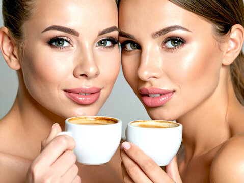 Two women are posing for a photo while holding cups of coffee. They are both looking at the camera.