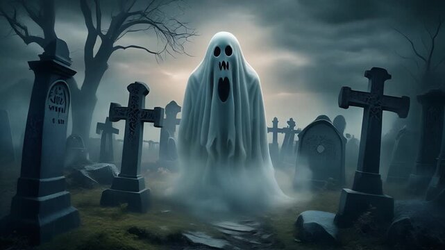 A spooky ghost wanders through a dark foggy graveyard during midnight hours among old tombstones and towering dead trees creating a terrifying atmosphere for halloween horror events