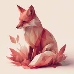 A low poly 3d fox is positioned among angular leaves. The colors blend in a russet gradient. This scene captures stylized wildlife creatively.