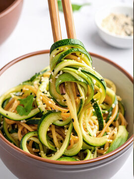 A bowl of zucchini noodles and pasta is being lifted with chopsticks, garnished with sesame seeds and cilantro.
