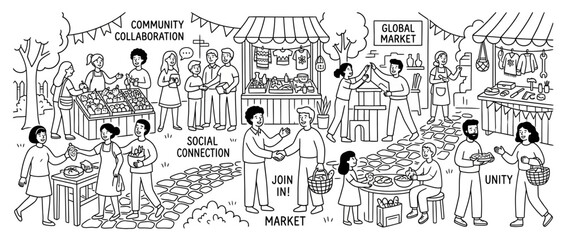 Fototapeta premium Black and white line art illustration of a community market