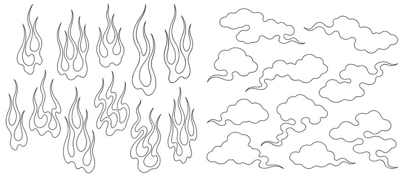 Japanese style fire and clouds isolated on a transparent background, black silhouette illustrations