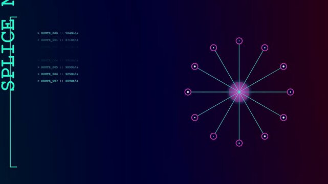 Data flow lines showing fiber routing connections spreading from a glowing central node on a dark screen interface as information pulses outward through digital radial patterns
