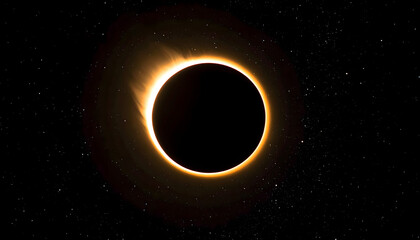 Fototapeta premium Solar eclipse showing a black moon silhouette with a glowing bright corona ring against a deep dark starry space background