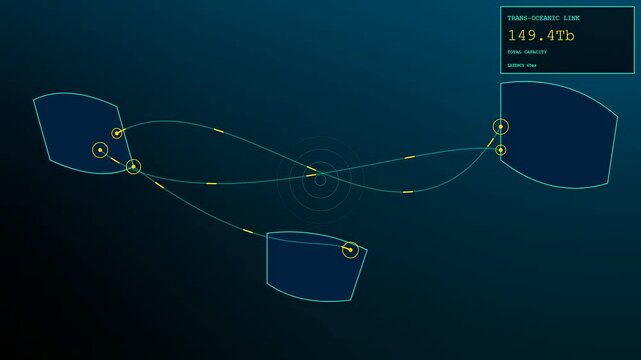 Fiber routing visualized with digital glowing nodes and light paths connecting remote data clusters across a dark screen interface showing active transmission speeds and infrastructure analytics