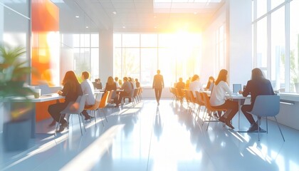 Obraz premium Modern Bright Office Interior with Blurred People Working