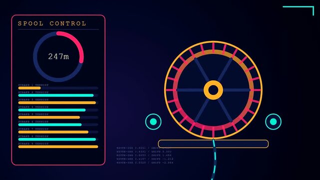 Digital fiber routing interface shows three progressive stages of a circular spool indicator with descending numeric data values against a glowing dark blue computer monitor screen
