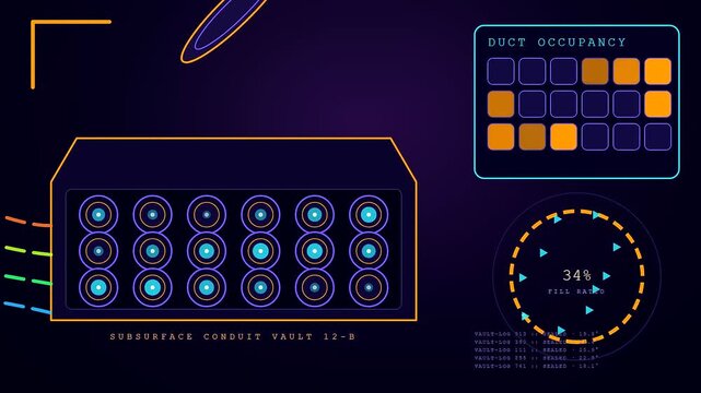 Dynamic fiber routing diagrams display changing data metrics across three interconnected digital interface panels featuring neon glowing circles and orange illuminated grid charts on dark backgrounds