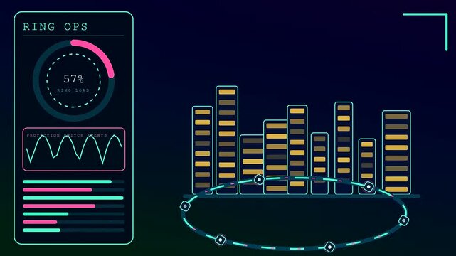 A digital fiber routing interface displaying fluctuating graphical bar charts and glowing circular gauges with vibrant neon metrics against a deep dark navy blue gradient backdrop