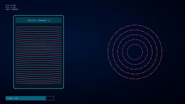 Abstract fiber routing interface displays rhythmic waves inside a digital chamber showing glowing pink concentric circles while progress bars sync within a dark virtual computer screen environment
