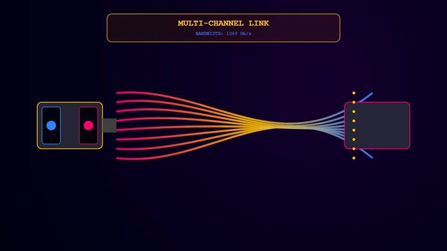 Fiber routing visualization displays multiple data streams flowing between digital nodes with color gradients on a dark screen representing network signal paths for modern information systems