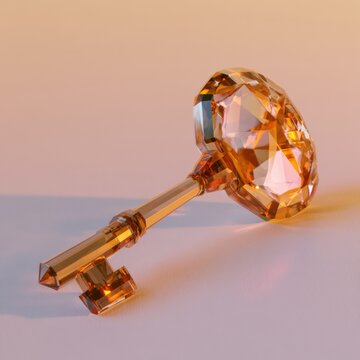 A low poly key in warm amber-gold rests on a neutral background. The soft gradient and even lighting highlight the geometric design.