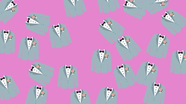 Seamless pattern of elegant groom tuxedos with bowties on a vibrant pink wedding background.