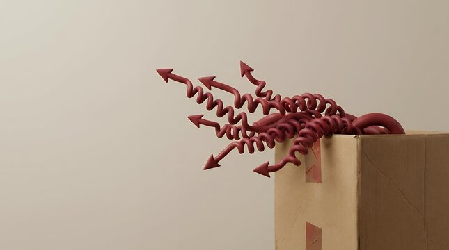 A curious and abstract image of red tentacles in a cardboard box creating a surreal and intriguing visual with an arrow theme. red tentacles in a cardboard box arrow abstract surreal red tentacles