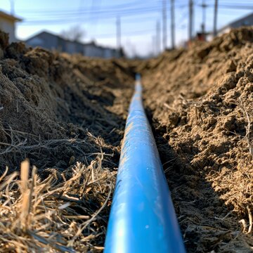 New blue polyethylene service pipe laid in a shallow trench under strong sunlight near residential area