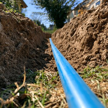 New blue polyethylene service pipe installed in shallow trench under strong sunlight