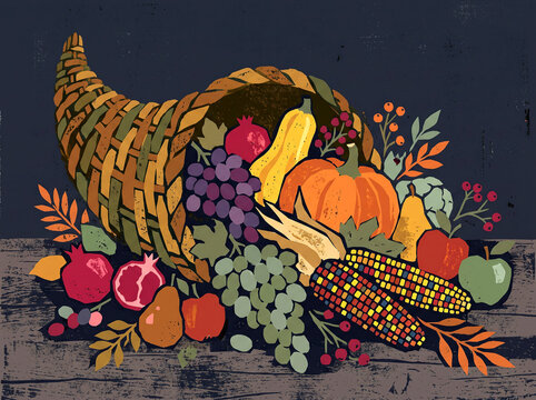 rustic cornucopia filled with autumn fruits and vegetables like pumpkins, grapes, and corn Graphic poster style illustration