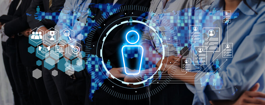 Dynamic image showcasing a digital networking concept with professionals in the background, emphasizing connection, innovation, and teamwork in a modern business environment. Trope