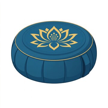 Blue meditation zafu cushion with gold lotus flower design for yoga practice, mindfulness, and zen floor seating