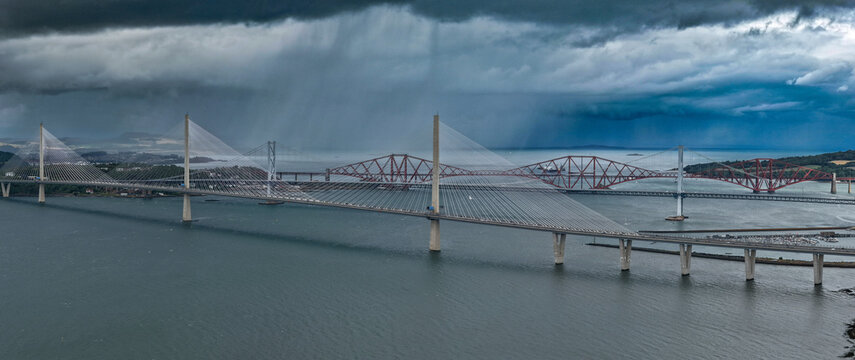 View Of The Red Forth Bridge Spanning The Firth Of Forth Near Edinburgh, Scotland