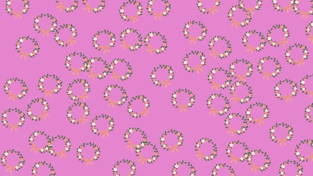 Elegant wedding pattern featuring small floral wreaths and pink bows on a soft pink background