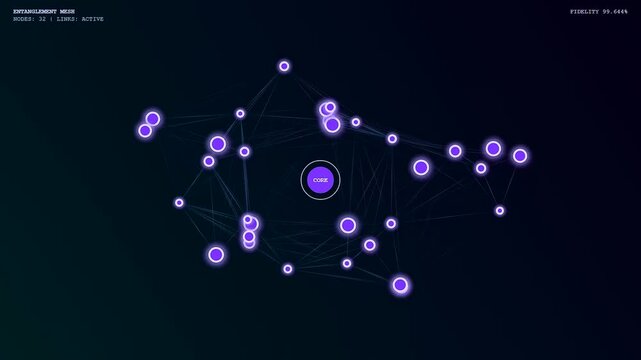 Quantum cloud computing network nodes moving and connecting across a deep dark screen display showing glowing purple circles joined by thin lines in digital space