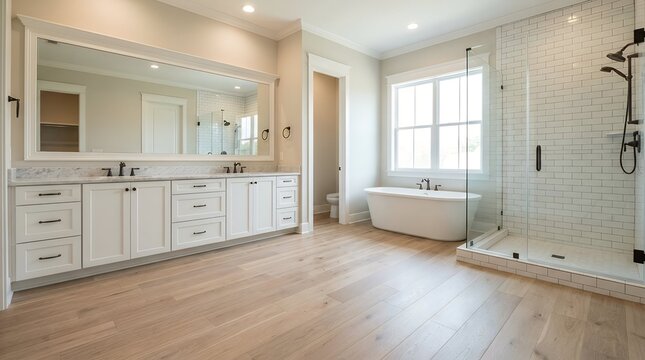 A master bathroom interior in a new farmhouse style luxury home featuring a large mirror shower and bathtub with a double vanity for a house concept master bathroom interior in new farmhouse style