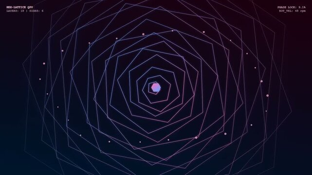 Rotating hexagonal geometry featuring quantum cloud computing data arrays displays shifting digital layers with glowing nodes and flickering purple neon lines captured in a dark visual field