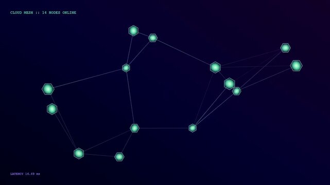 Dynamic quantum cloud computing mesh displays evolving node connections in a digital interface showing fluctuating network traffic patterns during active data transfer and system monitoring cycles