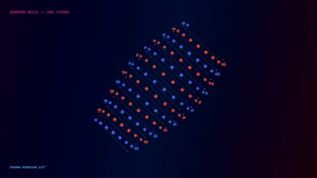 Rotating strands of a quantum cloud computing simulation model display red and blue circular atoms floating in dark virtual space as they slowly spin around