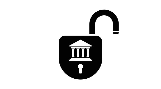 Vector illustration of open padlock icon with bank building symbol inside on a transparent background