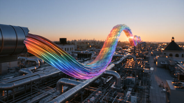 Colorful Light Wave Flowing Over Urban Cityscape