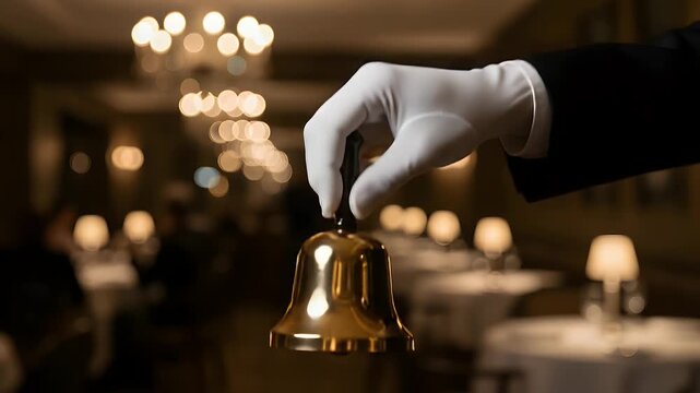 A gloved hand holds a classic polished golden bell in a luxurious restaurant dining room to signal the beginning of a fine dining culinary experience